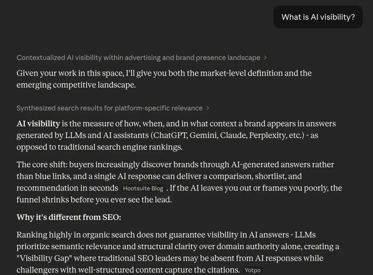 Claude answering 'What is AI visibility?' with a detailed, structured response covering definition, competitive landscape, and SEO differences