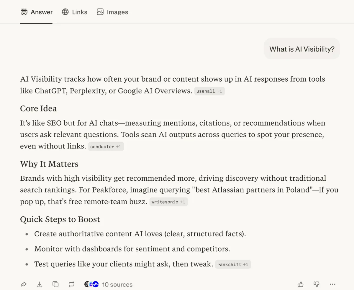 Perplexity AI answering 'What is AI Visibility?' with cited sources and a structured summary